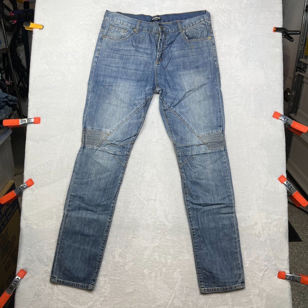 Pink Dolphin Skinny Biker Jeans Men's Blue Denim Ribbed Sticht Knee Y2K - 36X34